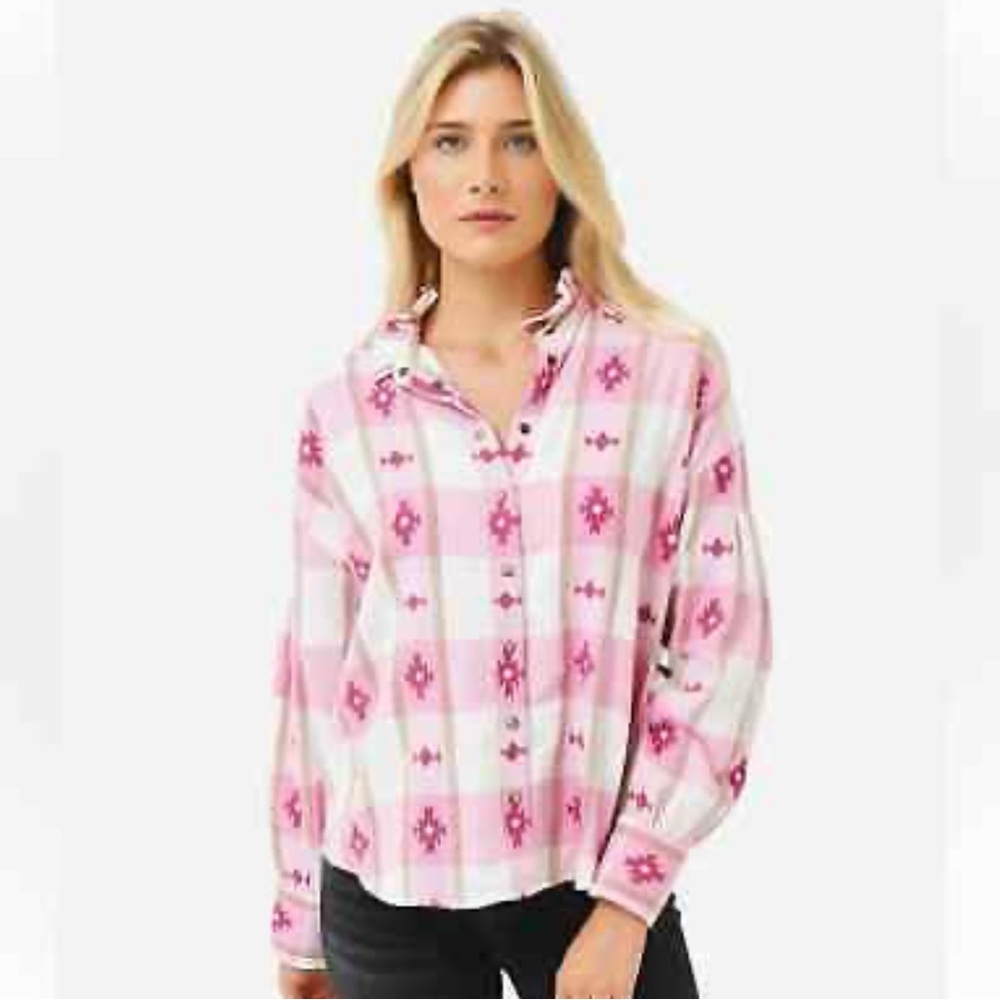 Xirena Women’s Jensen Flannel Button Down Shirt Pink Size Large